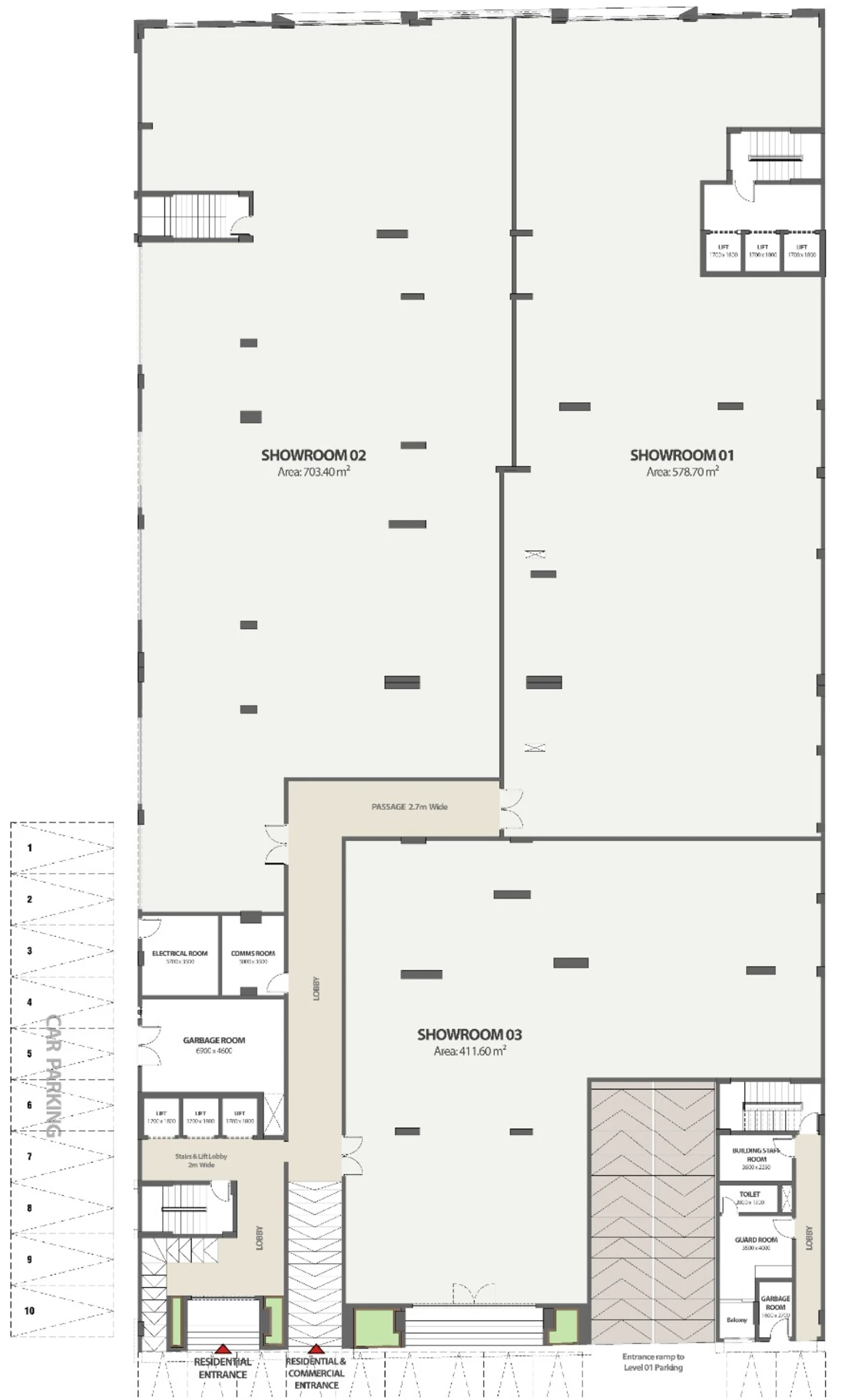 Ground floor plan of Al Zain View with the three showrooms, lobbies, lifts and parking.