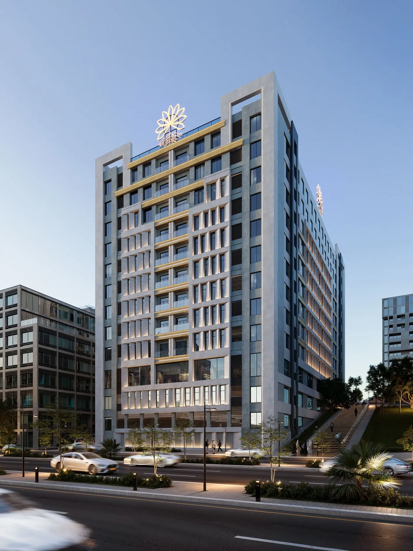 Render of the Al Zain View tower at dusk, seen from Grand Mosque Street.