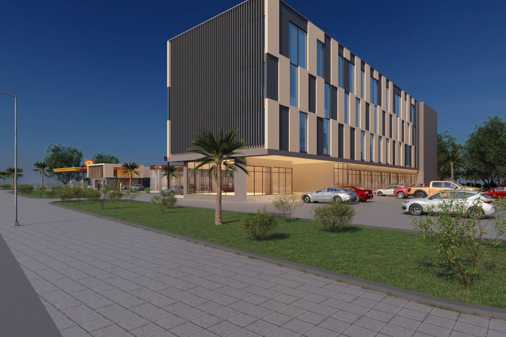 A render of Al Maydan Square: the main block at Al Tareef, Sohar, shops at street level with floors above.