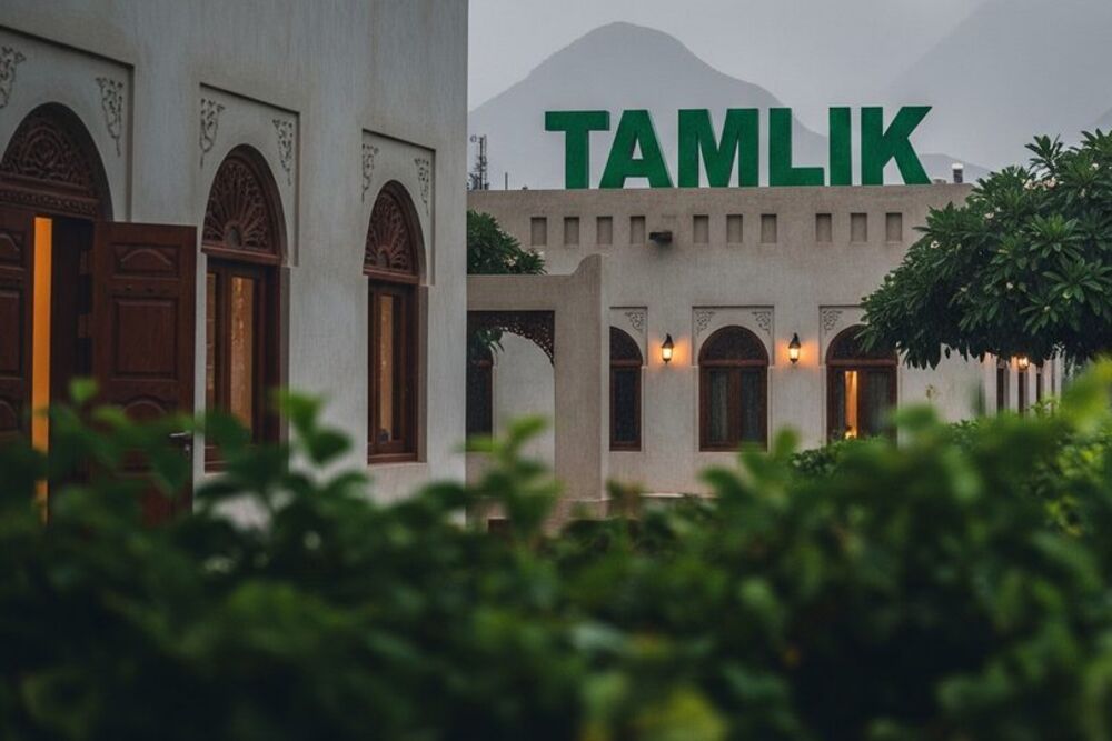 The Tamlik headquarters in Muscat, its name in green above the roofline with the Hajar mountains behind.