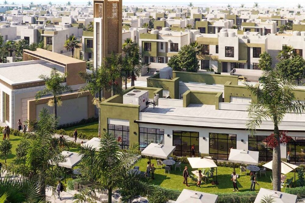 A render of a Zain Property Development community: white villas, palms and landscaped courtyards.